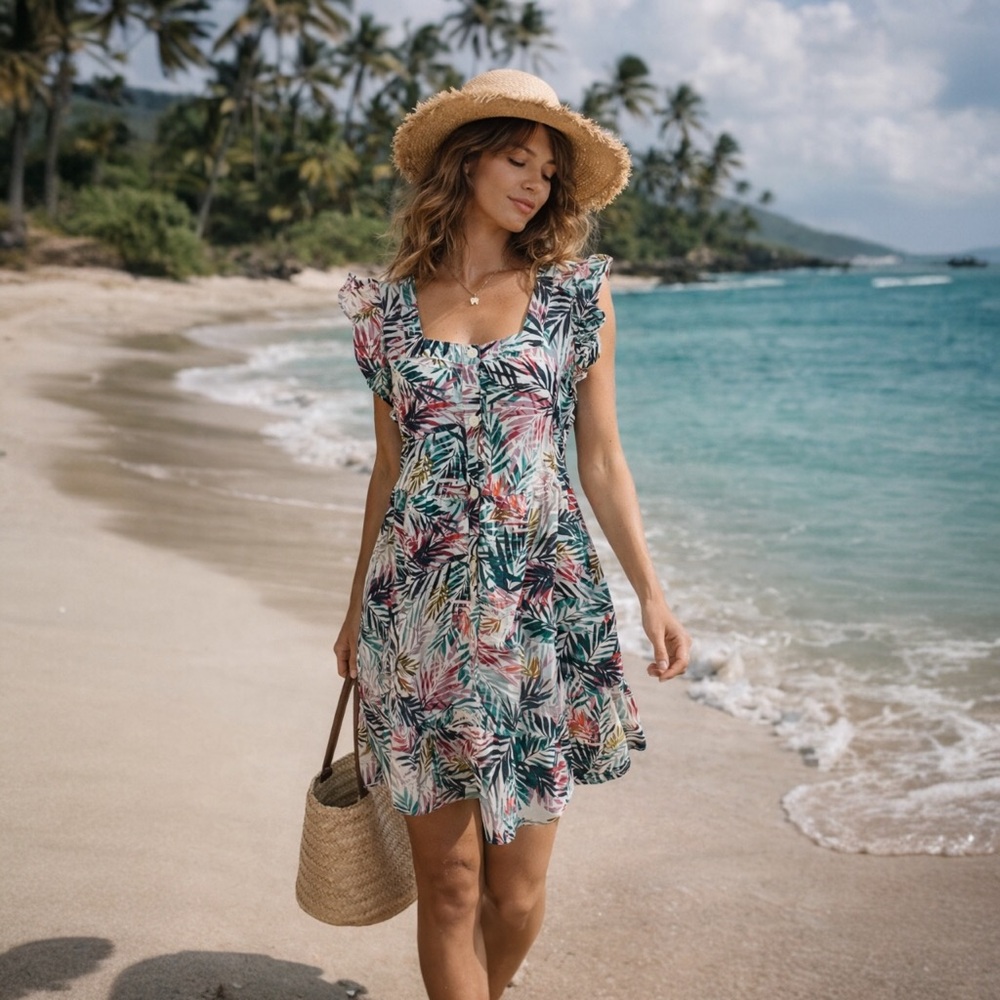 BeachLunchLounge Tropical Leaf Linen Blend Ruffleā Button Dress M DS1